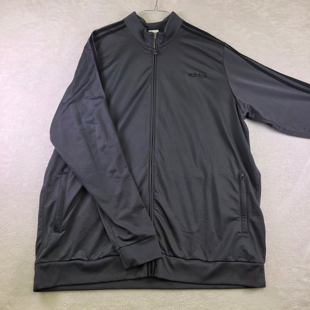 Adidas Mens Track Jacket Charcoal Grey Full Zip 3 Stripe Mock Neck XL 2XL